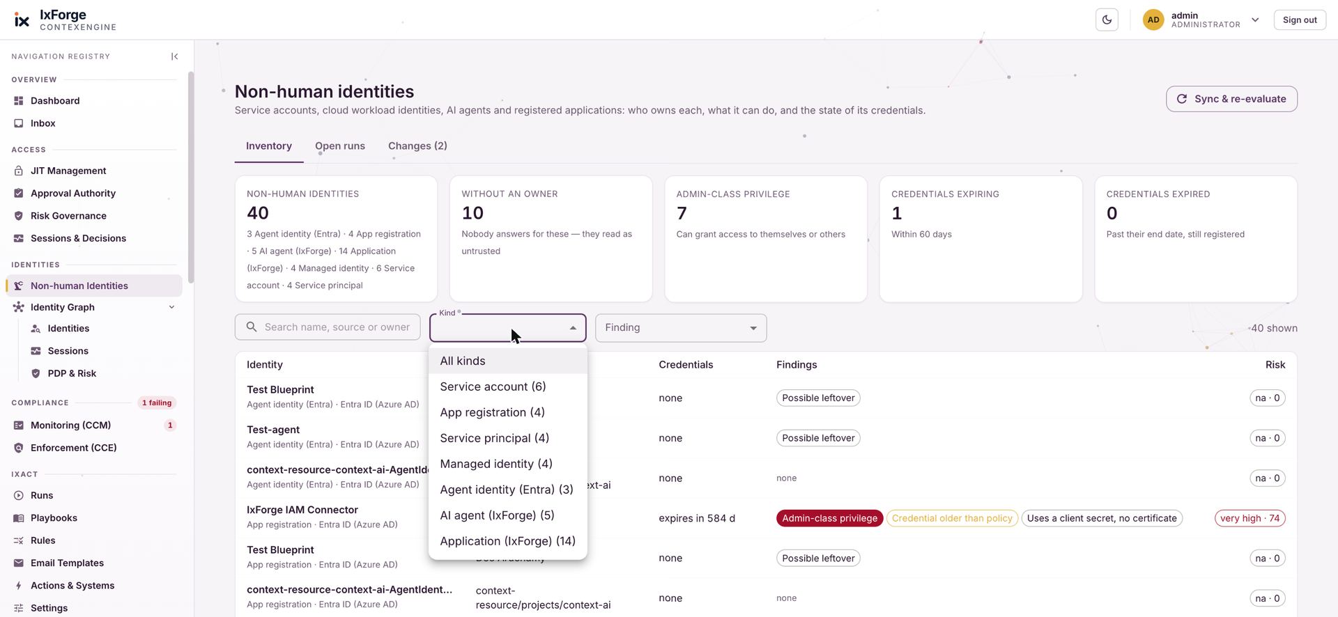 Non-human identities inventory: owners, credentials, findings and risk for 40 machine identities in the demo estate.