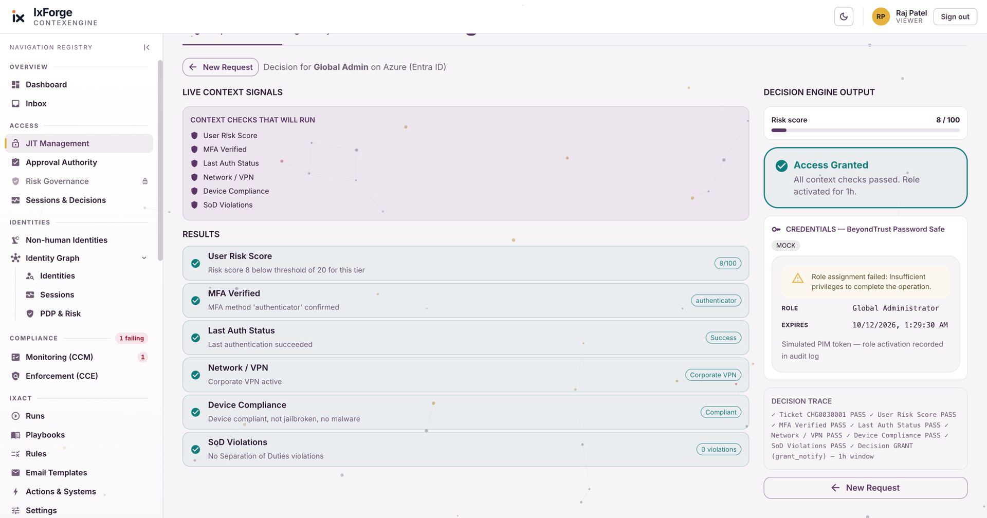 A privileged request decided live: six signals evaluated, access granted for one hour, scoped to the ticket.